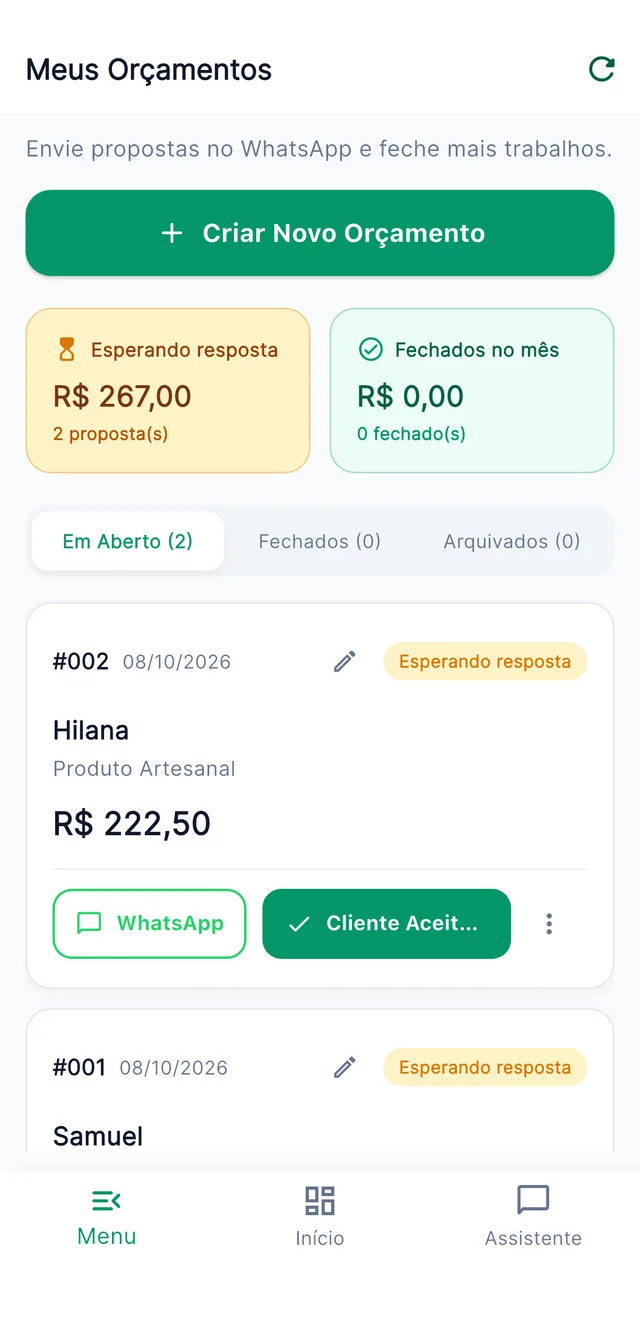 Módulo de orçamentos rápidos do FacilitaMEI com propostas comerciais e envio direto no WhatsApp do cliente